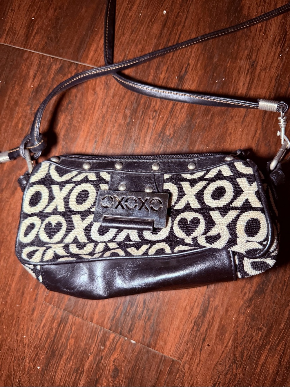 XOXO Black and Cream Logo Jacquard Crossbody Bag with Stud Detail
